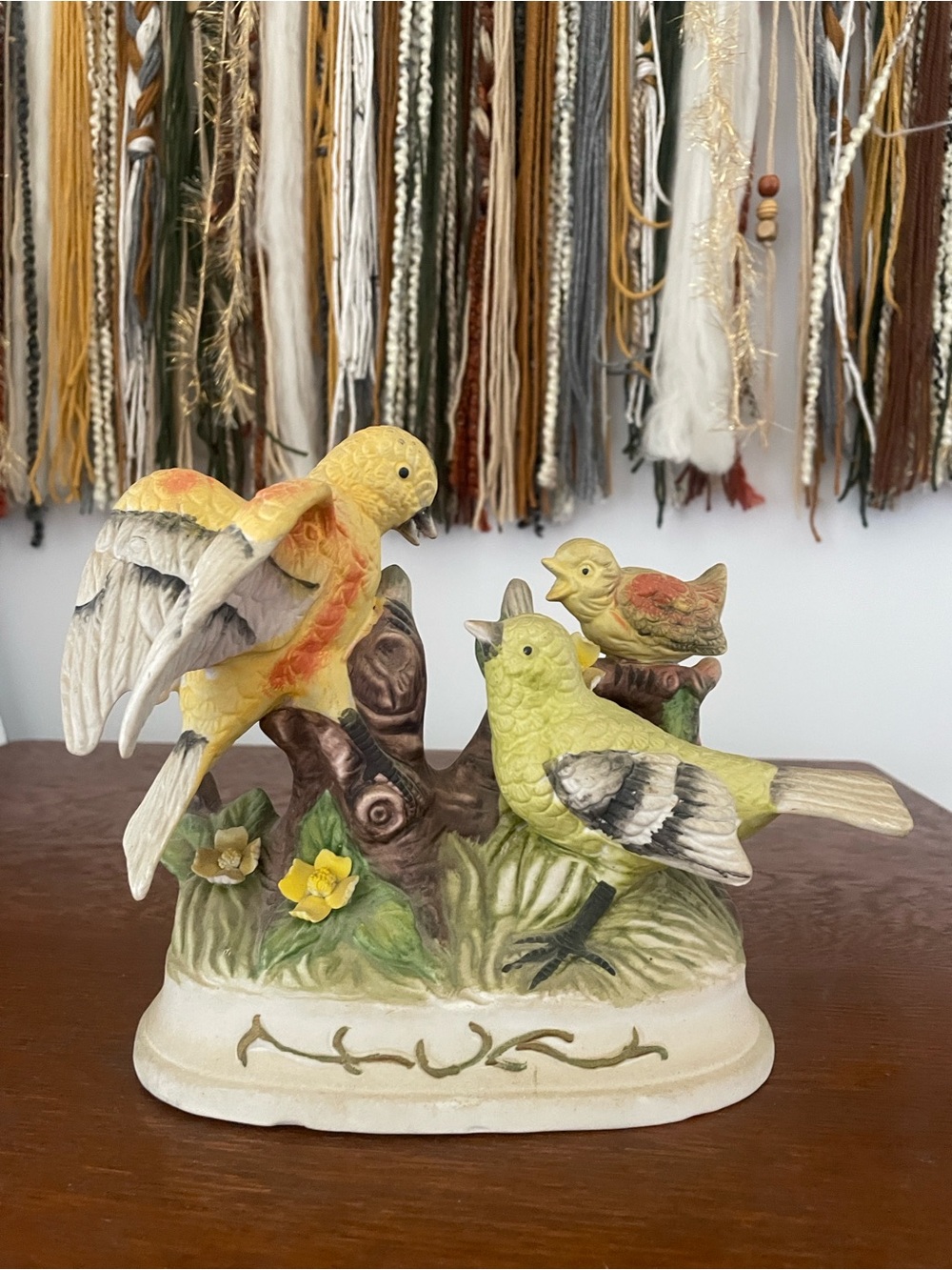 Decorative Yellow & Green Ceramic Bird Figurine Trio  perched on branch
